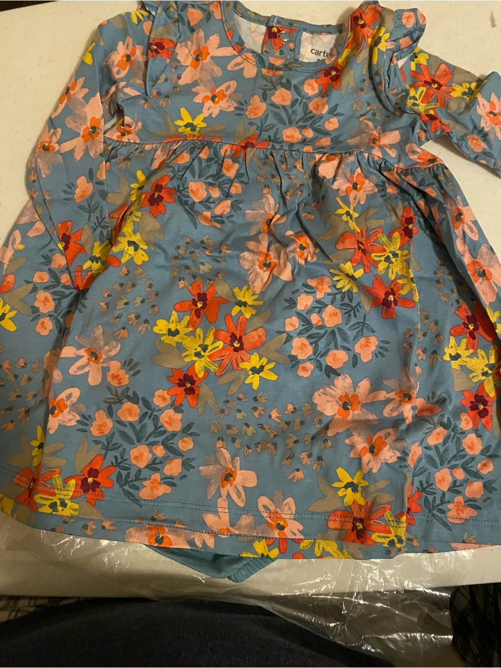 Carter's Light Blue Floral Long Sleeve Dress with Orange Accents
